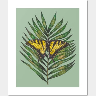 Green tropical leaf with butterfly Posters and Art